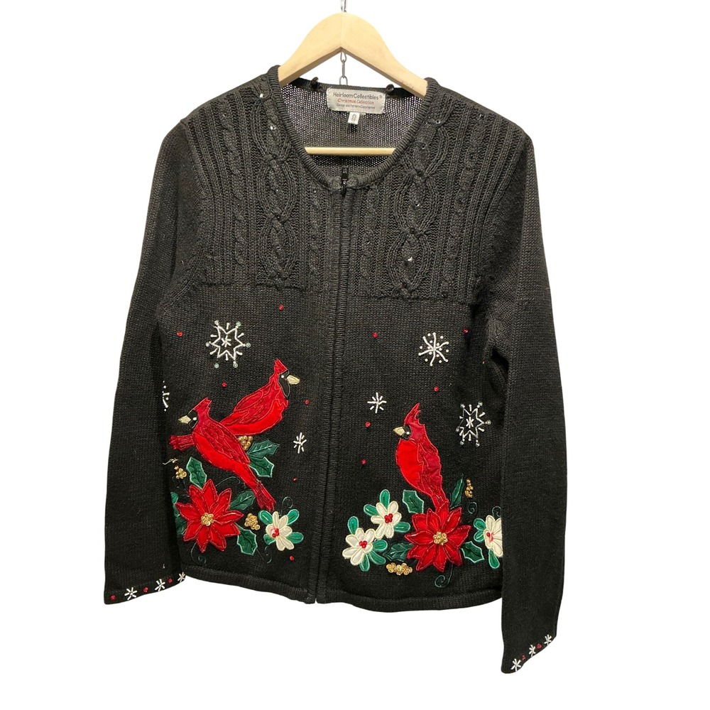 Heirloom Collectibles Black Cardinal Poinsettia‎ Ugly Christmas Sweater Cardigan